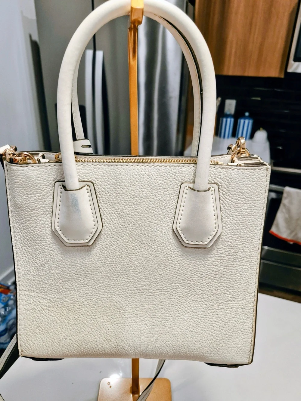 Michael Kors Cream Pebbled Leather Satchel with Gold Hardware